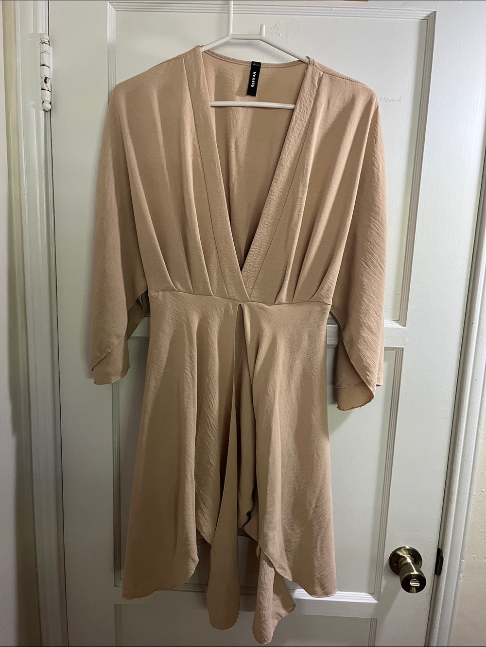 Nude V-Neck Midi Dress with Draped Skirt